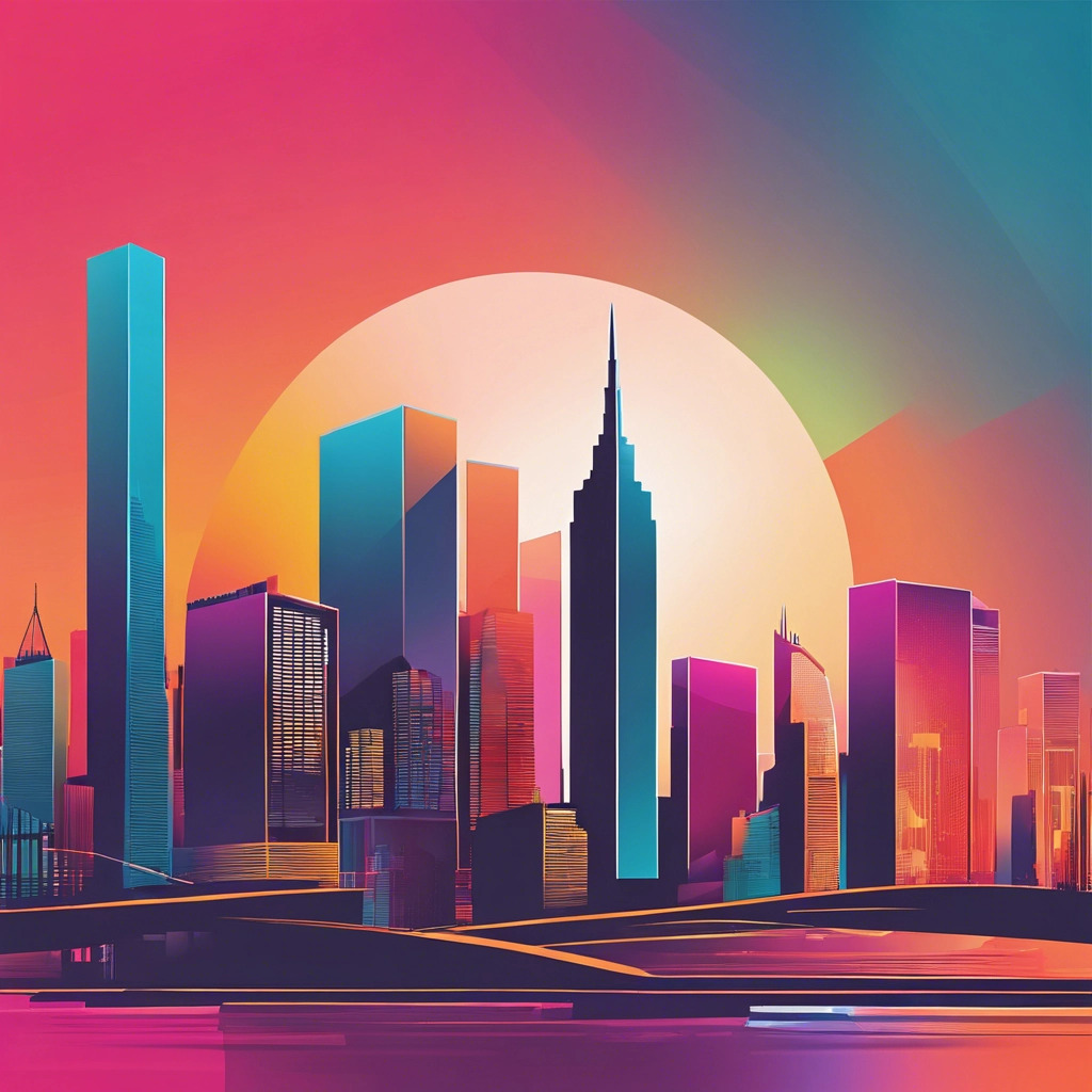 A sleek vector graphic of a modern city skyline against a colorful sunset sky.