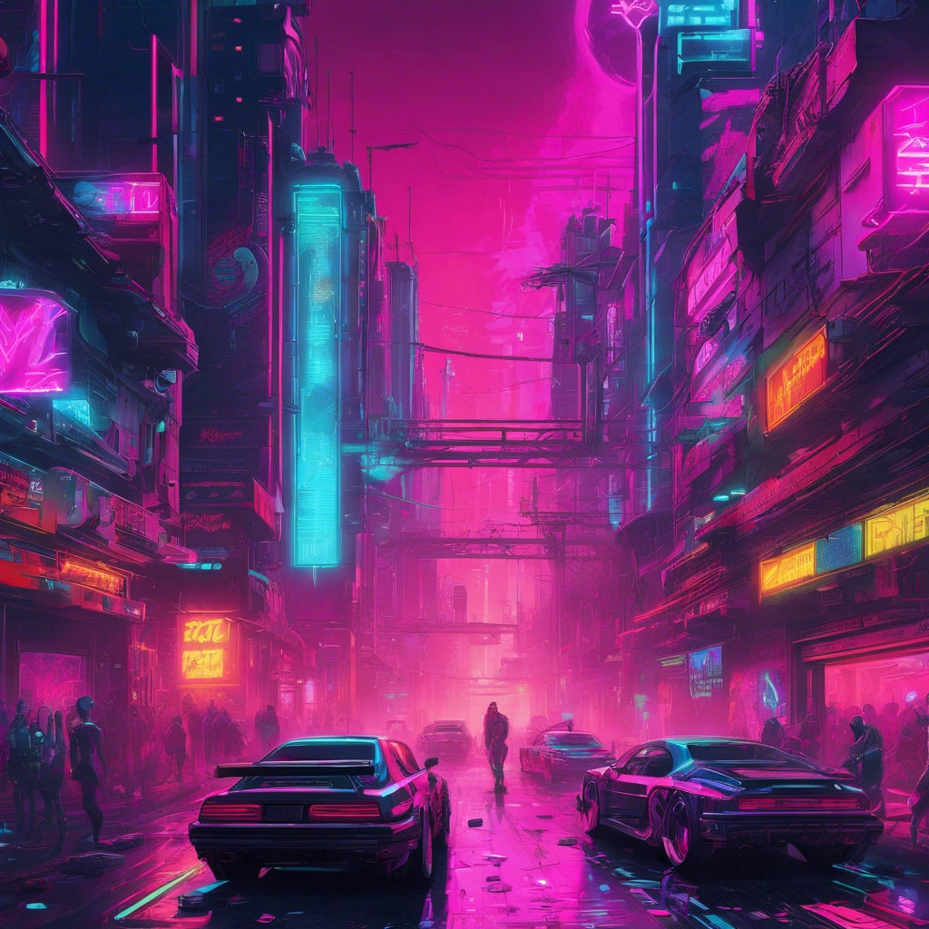 A vibrant digital-artwork featuring a punk-inspired cityscape with neon lights, graffiti-covered walls, and bustling street scenes.